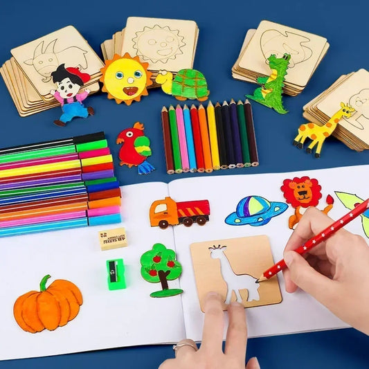 20pcs Montessori Kids Drawing Toys Wooden DIY Painting Stencils Template Craft Toys Puzzle